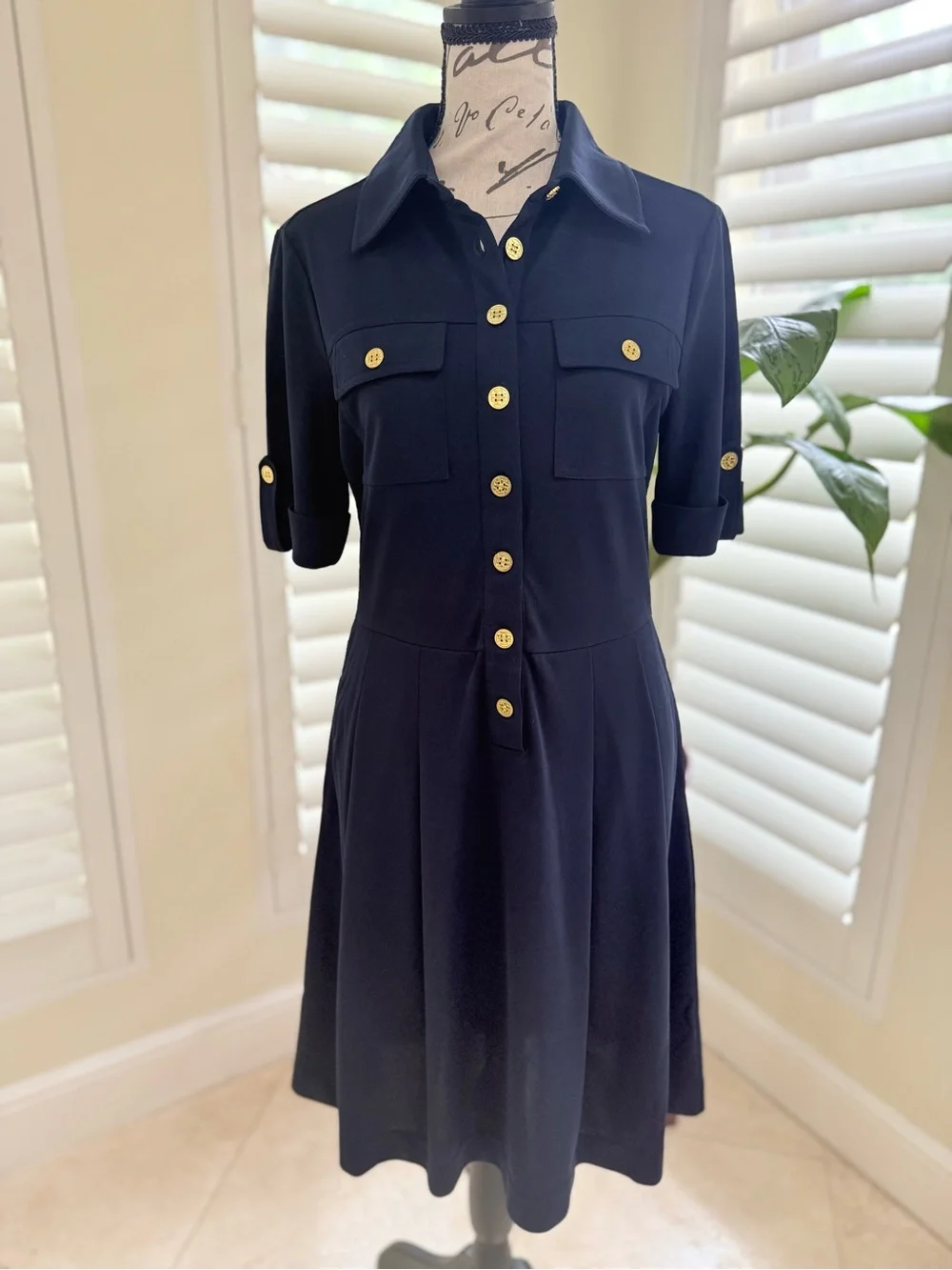 Tory Burch Navy Blue Shirt Dress Gold Buttons Size S EUC